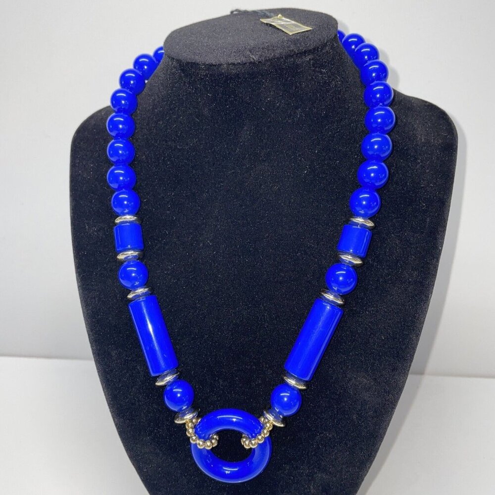 NOS Vintage Genuine Lucite‎ Tag Blue Bead Necklace 19" Goldtone Spacers SL41